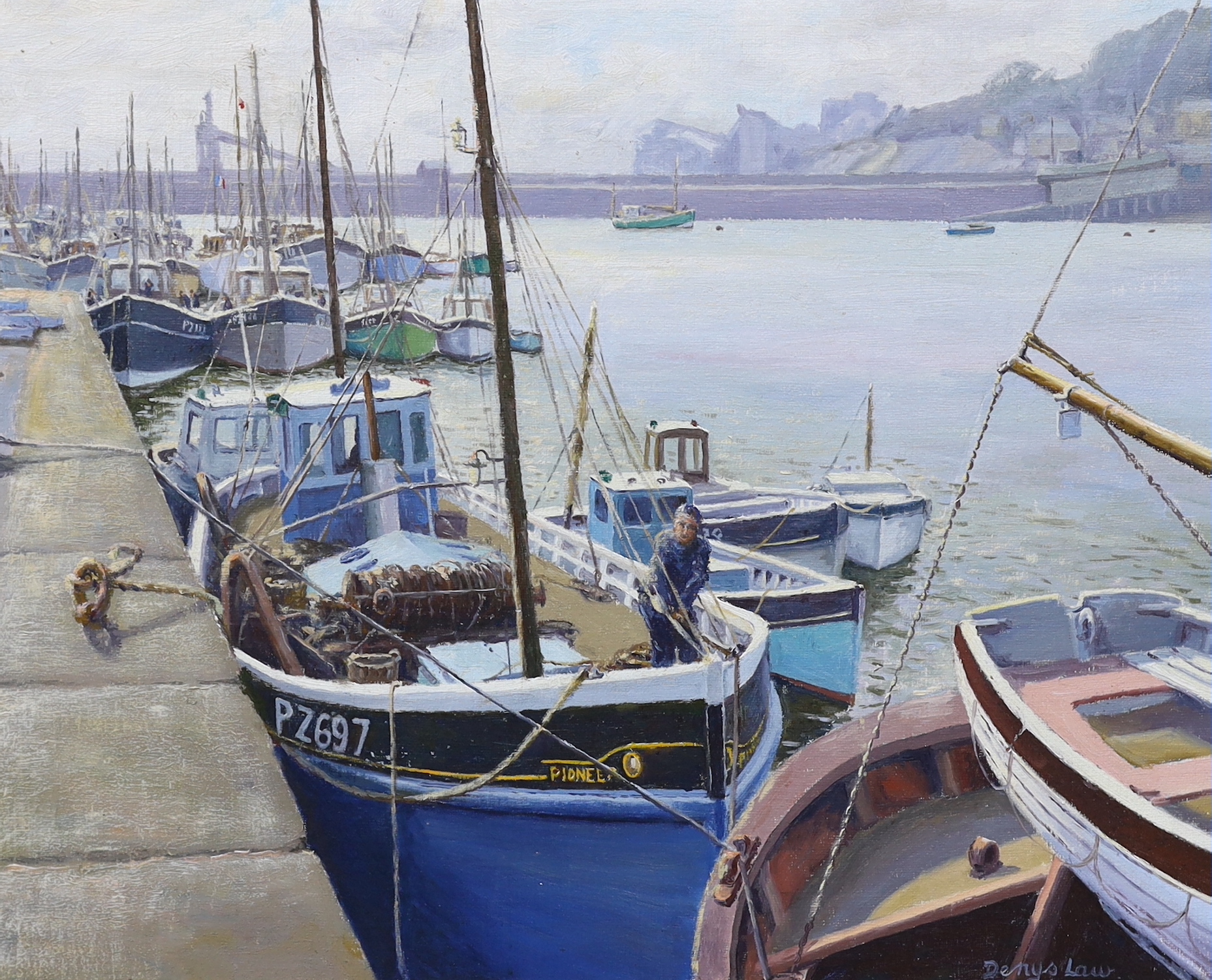 Denys Law (1907-1981) Modern British, oil on board, Harbour scene with fishing boats, signed, 40 x 49cm